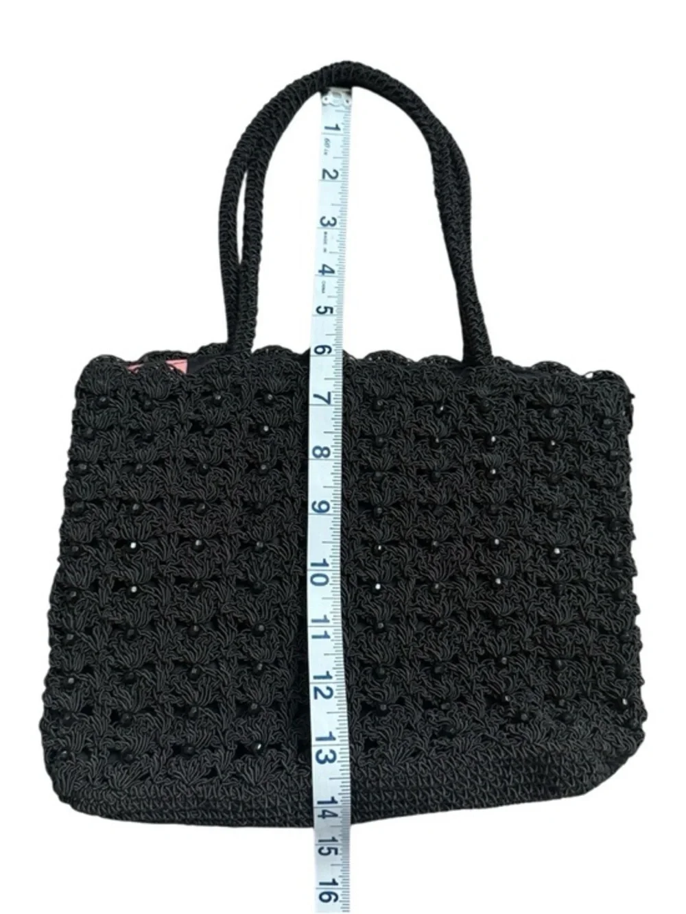 Arabella Vintage Black Beaded Crochet Cord Tote Bag Boho Glam Evening‎ Small